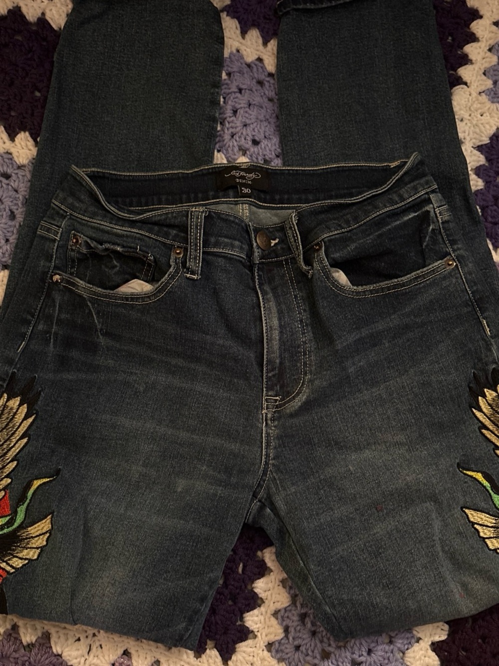 Ed Hardy Dark Blue Straight Leg Jeans with Colorful Wing Embroidery